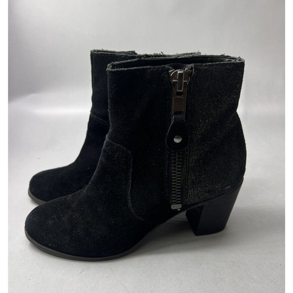 Franco Sarto Womens 6.5M Yogi Black Suede Metallic Heel Ankle Boots Side Zip